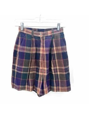 Vintage Ralph Lauren Plaid High Rise Pleated Linen Shorts Academia Womens 2P